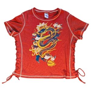 No Boundaries short sleeved shirt w/ dragon on front / decorative ties each side